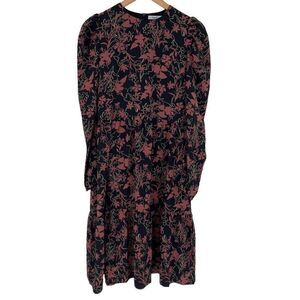 Knot‎ & Tale Wanda Dress Midi Long Sleeve Flounce Hem Women Medium Black Mauve